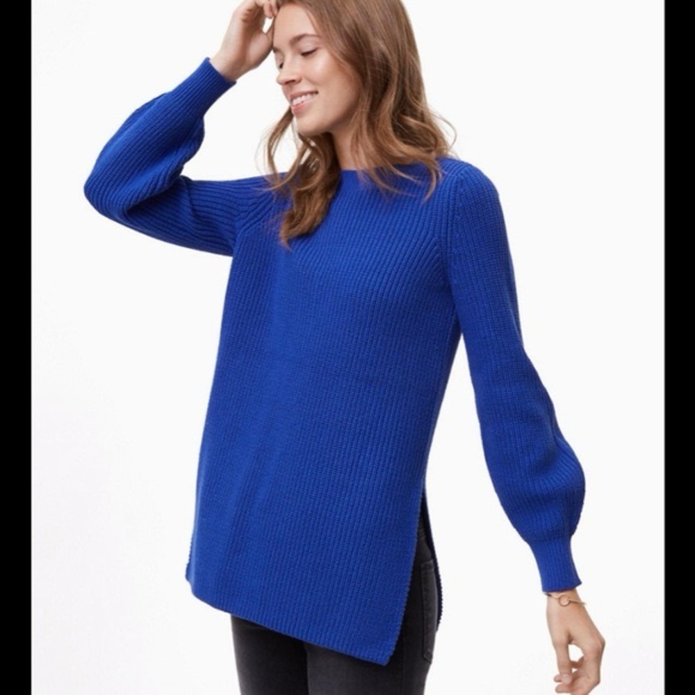 Ann Taylor Loft Knit Crewneck Blue Sweater V-Neck Open Back Cozy Soft Warm